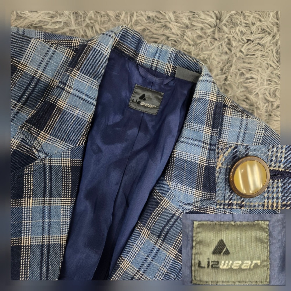 Liz Wear Womens 8 Blue Plaid 2 Button Linen Blend No Vent Blazer Suit Jacket